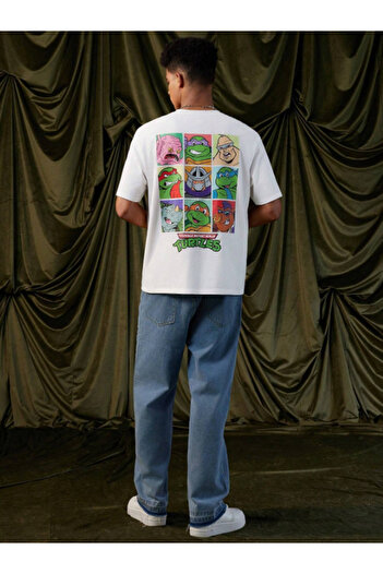 AEMİ Teenage Mutant Ninja Turtles Printed White Oversize T-shirt - 100% βαμβάκι, Crew Neck