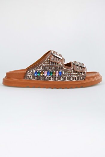 Shoeberry Thick Sole and Belted Jelis Tan Women's Slippers