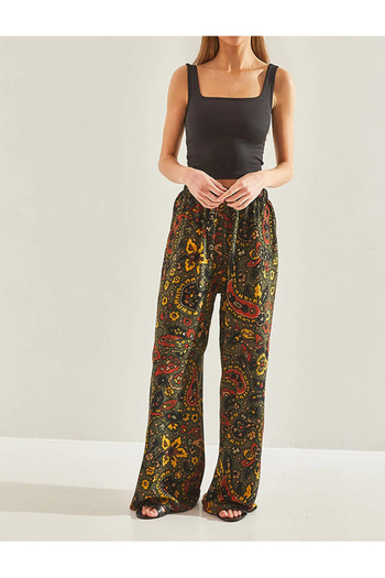 Namaste Vintage Ethnic Patterned Khaki Loose Trousers - Elastic Waist