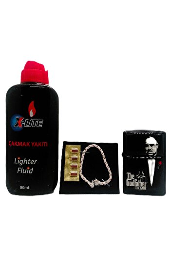 X-Lite Benzinli Zippo Tipi Çakmak. "GOD FATHER" Resimli. Çakmak Benzini 80ml, 1 Fitil ve  4Taş Tam Set