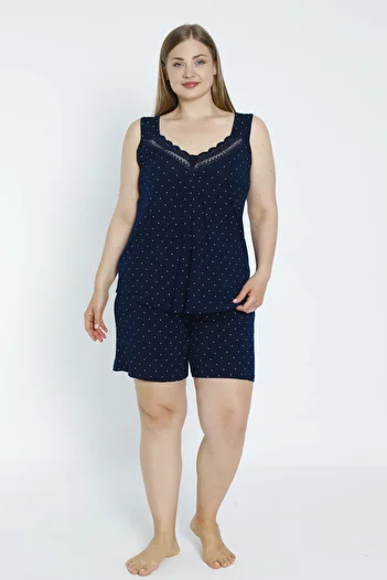 Lagertha by İntensive Women's Polka Dot Navy Blue Large Size Bottom Top Flexible Viscose Nightgown Set