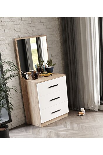 Afilli 3 Çekmeceli Şifonyer Aynalı Tamamı Mdf  Flora Beyaz