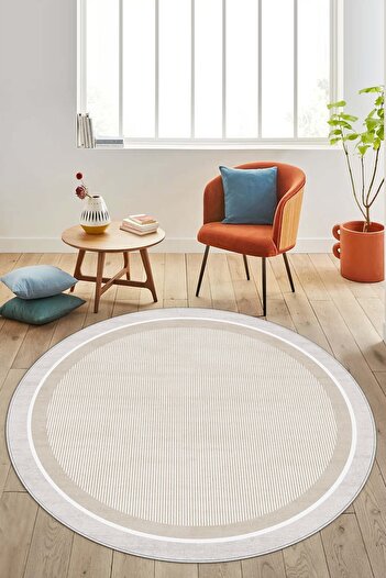 Confidence Home Makinede Yıkanabilir Kaymaz Taban Leke Tutmaz Yuvarlak Bej Mutfak Halısı Salon Halısı ve Yolluk