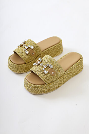 Limoya Dorine Skin Color, Beige Women's High-Top Straw Slippers with Stone Buckle Detail