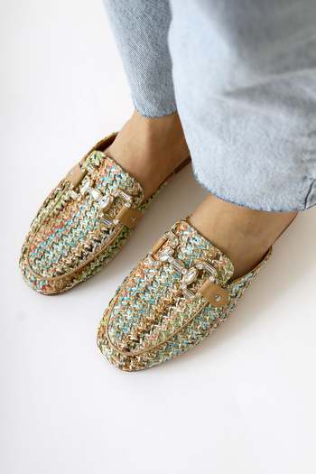 Limoya Benny Multicolored Women's Straw Slippers with Stone Buckle Detail