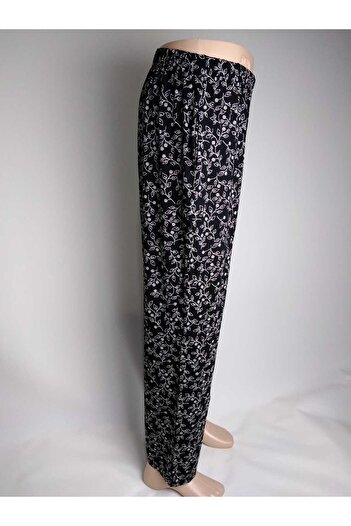 YAŞAR TRİKO Black Patterned Viscose Bottom Clothing - Double Pocket, Elastic Waist, Summer Door