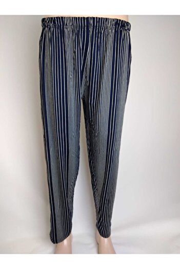 YAŞAR TRİKO Navy Blue Patterned Viscose Women's Bottom Clothing - Double Pocket, Elastic Waist, Summer Door
