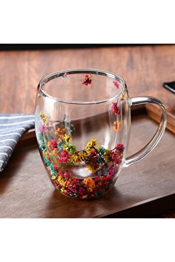 Genel Markalar Kurutulmuş Çiçekli Kupa Koza Gift Çift Camlı Şık Dayanıklı Kahve Dış Mekan Çekim Kafe Bardağı 250ml