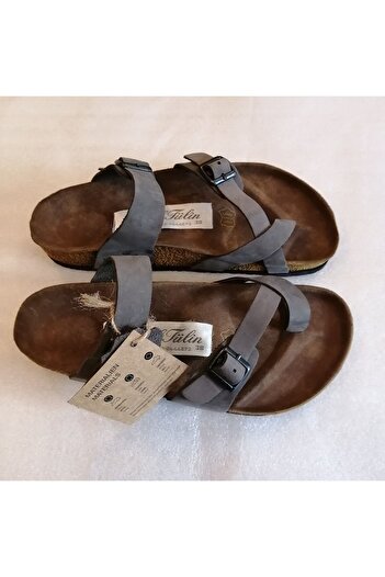 Butik Tülin Unisex Gray Antique Bronze Buckle - Double Banded Genuine Calf Leather Toe Slippers