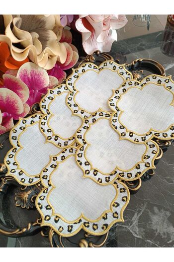 LASETU leopard embroidery patterned cocktail napkin, coffee side presentation napkin 6 pieces