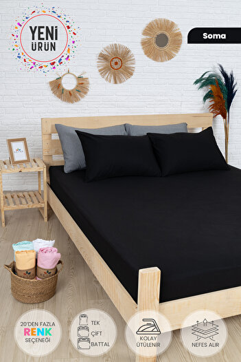 KetraHome Double Black Fitted Sheet Set Cotton 160 X 200 Cm Pillow Case 50 X70 Cm