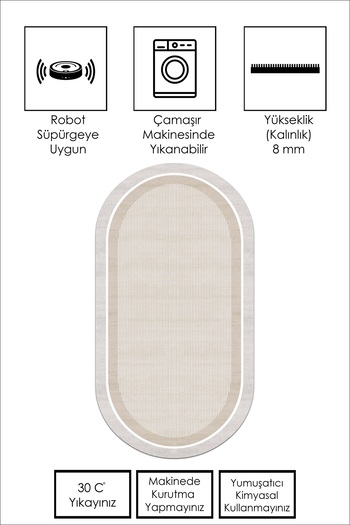 Confidence Home Makinede Yıkanabilir Kaymaz Taban Leke Tutmaz Bej Oval Mutfak Halısı Salon Halısı ve Yolluk