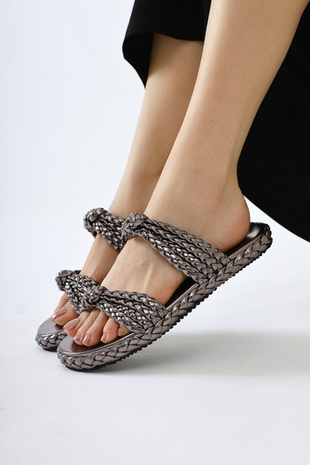 Limoya Nessa Platinum Patent Leather Knitted Banded Women's Slippers