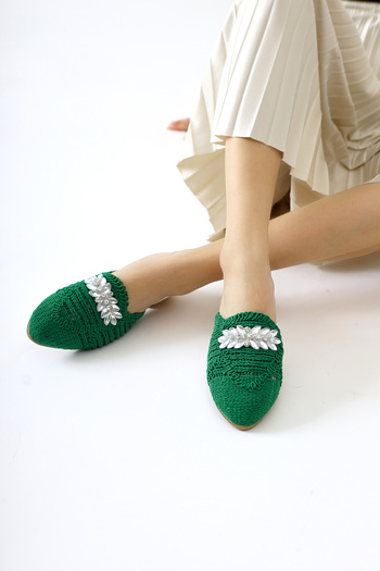 Limoya Marlina Green Buckle Detailed Knitted Women's Slippers
