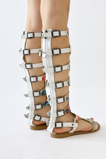 Limoya Lilith White-Colored Snakeskin Pattern Knee-Length Gladiator Women's Sandals
