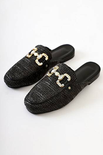 Limoya Benny Black Stone Buckle Detailed Straw Women's Slippers