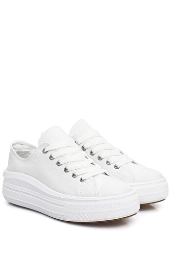 GÖNDERİ(R) White Linen Laced Women's Linen Casual Sports Flat Sole Sneaker 35144