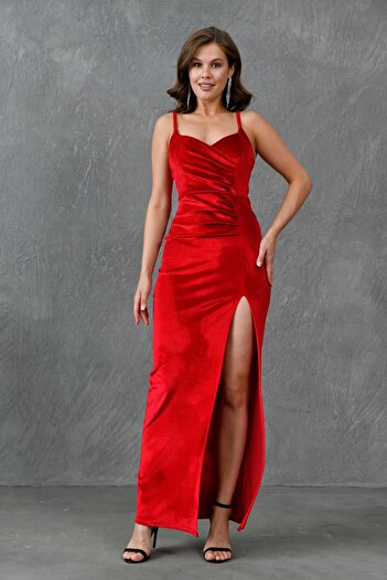 vuvutasarım Red Velvet Fabric Ruffle Collar and Slit Detailed Maxi Dress 582689