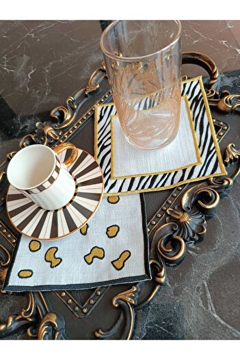 LASETU leopar ve zebra desenli gold simli kahve yanı peçete sunum peçetesi kokteyl peçete 2 adet