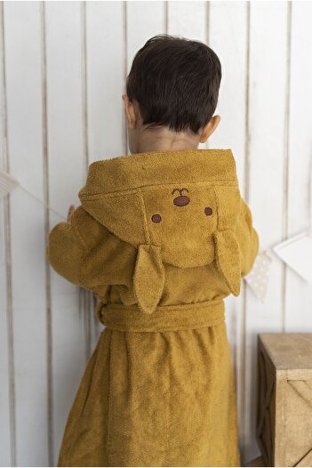 Kirazkids Bambu Hardal Kapşonlu Çocuk Bornozu