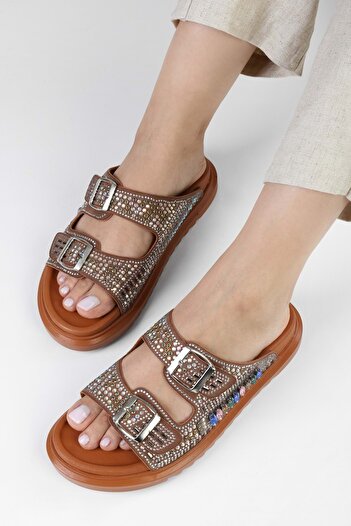 Shoeberry Thick Sole and Belted Jelis Tan Women's Slippers