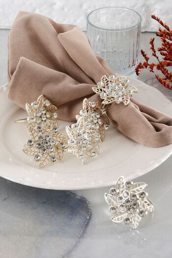 TR Turan Collection 6-piece Silver Luxury Napkin - Flower Model Crystal Stone Ring