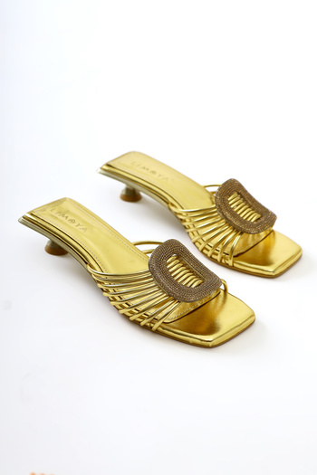 Limoya Katerin Gold Patent Leather Stylish Women's Slippers with Stone Buckle Detail