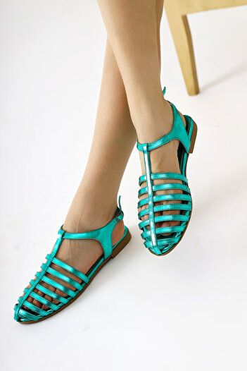 Limoya Zafu Green Patent Leather Women's Sandals with Thin Straps and Flat Bottom