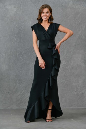vuvutasarım Black Flexible Diving Fabric Double Breasted Collar Design Flounce Detail Maxi Dress 582443