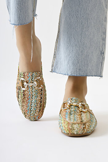 Limoya Benny Multicolored Women's Straw Slippers with Stone Buckle Detail