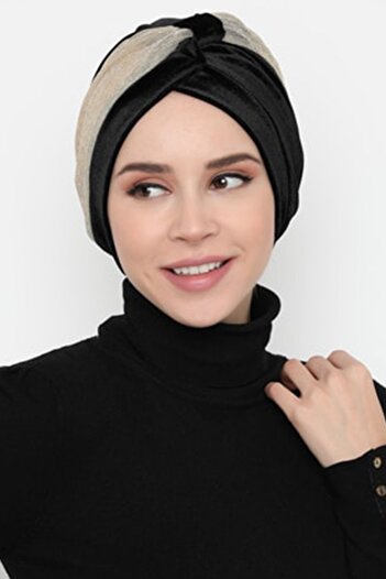 Vera Bonnet Efruz Ready Turban Cross Banded Lined Hijab Bonnet Black Velvet Glitter Detailed Women's Bonnet