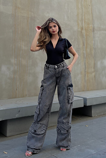 la & vetta Baggy Cut Gray Jeans - Multi Pocket