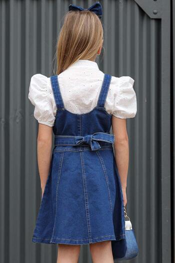 Riccotarz Jean Blue Girls Dress - Υφαντό κεντημένο πουκάμισο και λεπτομέρεια με λουράκι