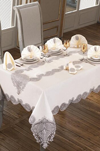 Çeyiz Diyarı Verna Masa Örtüsü 160x260 Cm 26 Parça Krem Silver