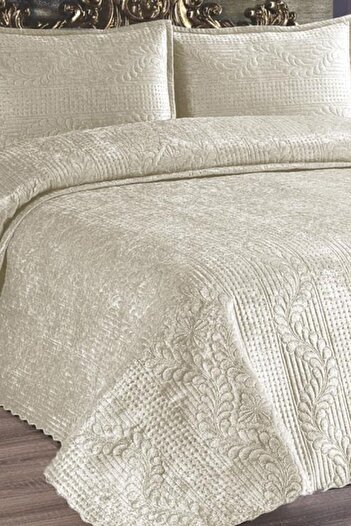 Çeyiz Diyarı Velica Double Velvet Bedspread Cream