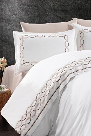 Çeyiz Diyarı Başak Embroidered 100% Cotton Double Duvet Cover Set Mink
