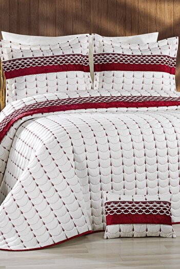 Çeyiz Diyarı Cream Claret Red Colors Micro Double Bedspread