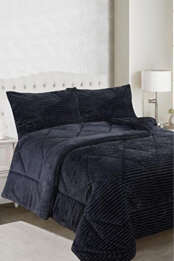 Çeyiz Diyarı Ece Stripe Double Plush Bedspread Anthracite