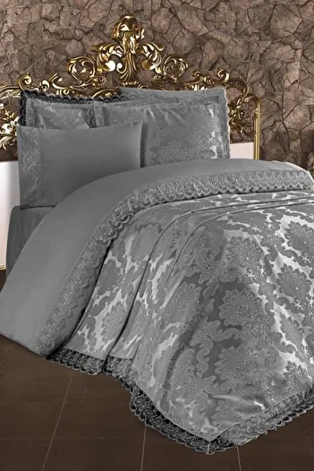 Çeyiz Diyarı Gray French Lace Lalezar Bridal Set 7 Piece Double Pique Set