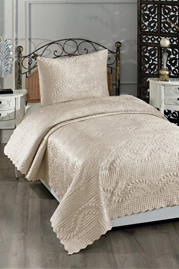 Çeyiz Diyarı Velica Single Velvet Bedspread Cream