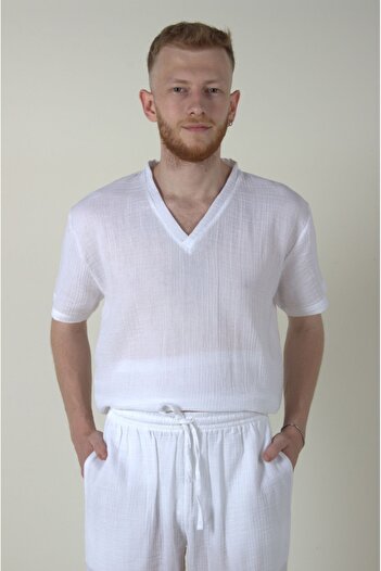 ARİNNASİDE Muslin Men's Lace-Up Long Summer and Casual White Trousers