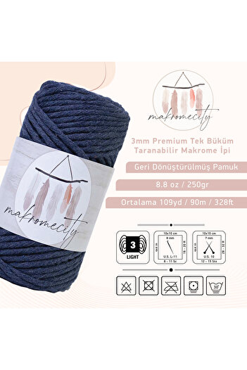 Makromecity Taranan Makrome Ipi 3mm Taranabilir Pamuk Makrome Ipi Makrame Ipi Indigo Mavi