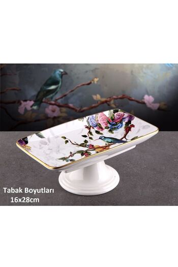 Pinkev Flora Ceramic Footed Cake Cake Chocolate Serving Presentation Plate 16x28cm