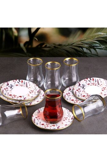 Pinkev 6-Person Tea Cup Set with Ceramic Plate - Multicolored