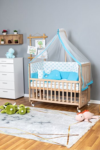 Bamgidoo Ahşap Beşik Anne Yanı Beşik Organik 70x130 - Mavi Balina Uyku Seti + Yataklı + Tekerlekli