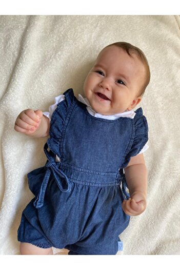 Minizade 'Pera' 2-Piece Baby Girl Jumpsuit Set - With Shirt, Denim Salopette, Side Tie, Short Sleeve, Dark Color