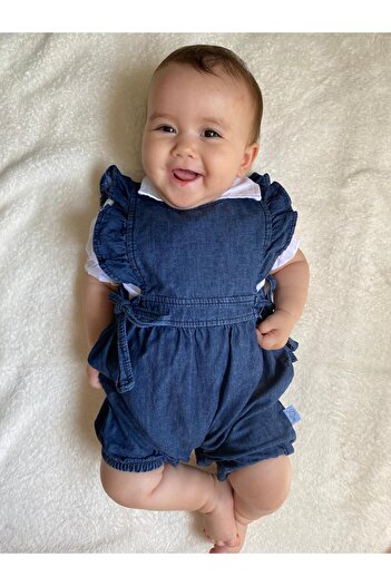 Minizade 'Pera' 2-Piece Baby Girl Jumpsuit Set - With Shirt, Denim Salopette, Side Tie, Short Sleeve, Dark Color