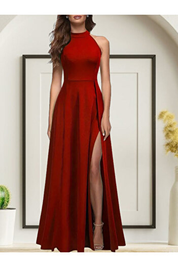 Modayakamoz New Season Women's Halter Neck Deep Slit Detailed Full Length Imported Crepe Evening Dress