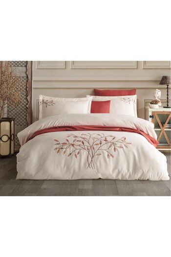 Çeyiz Diyarı Amor Embroidered 100% Cotton Satin Double Duvet Cover Set Champagne