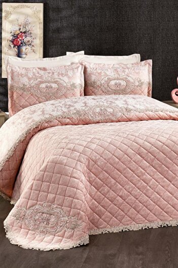 Çeyiz Diyarı Boutique French Laced Velvet Dowry Bedspread Powder